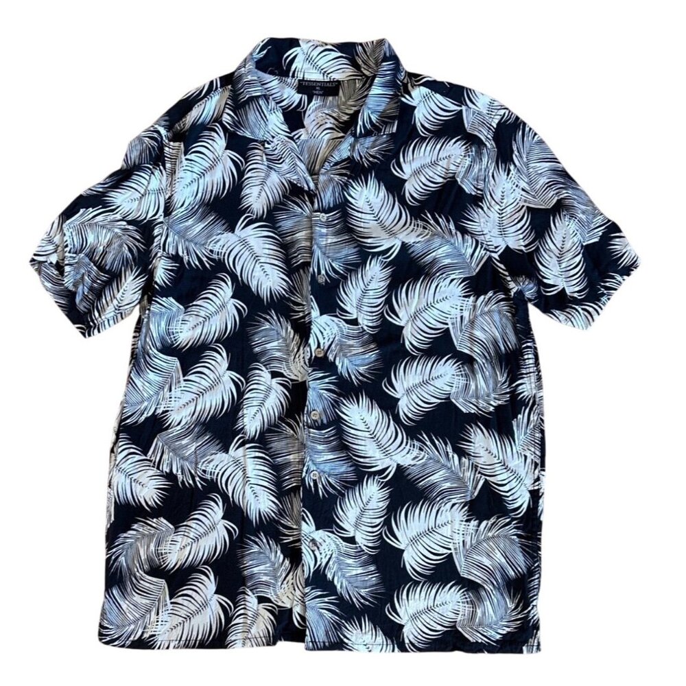 Tessentials Mens XL Tropical Leaf Print 100% Viscose Short Sleeve Shirt Navy